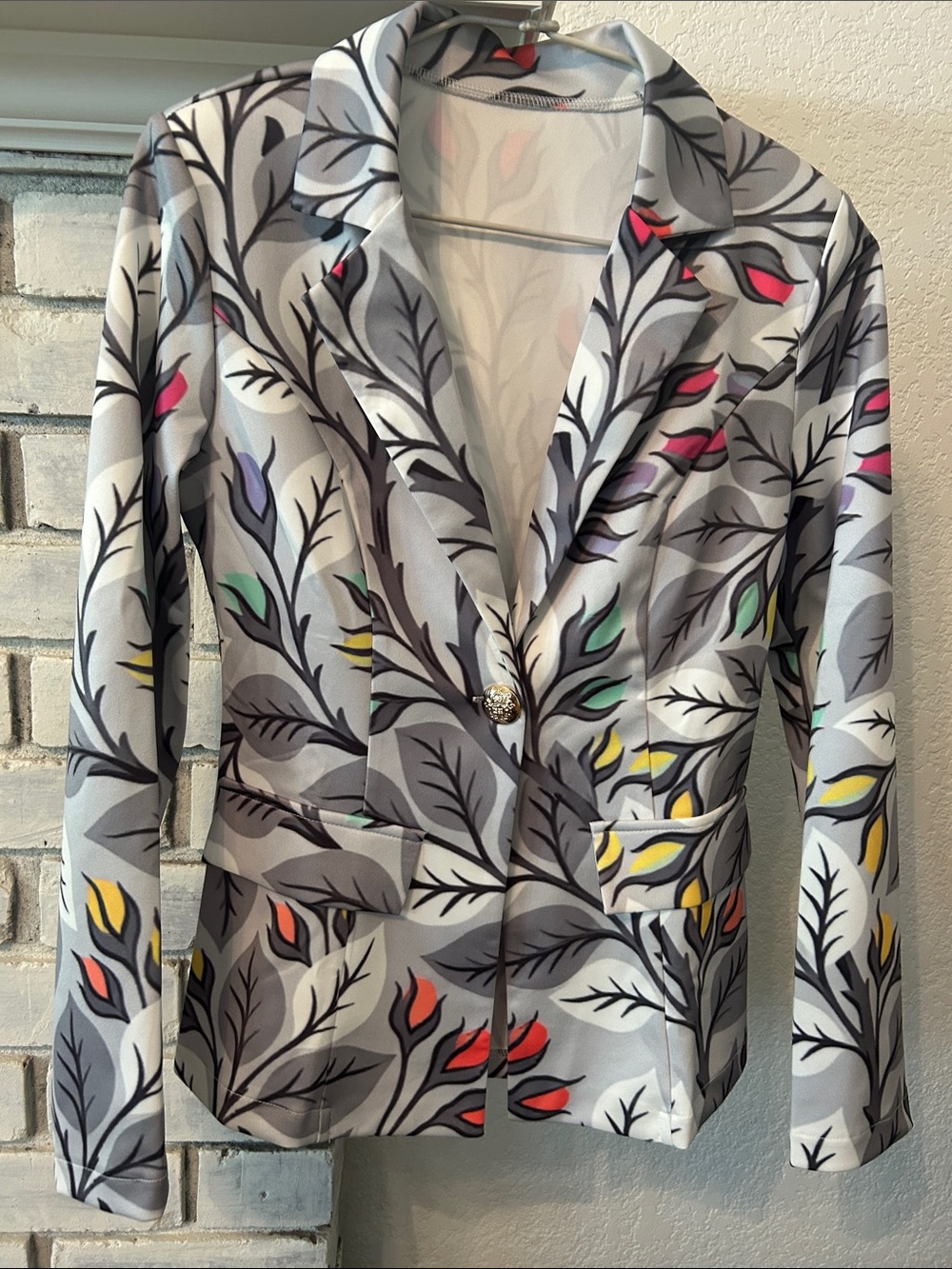 Gray Floral Leaf Single-Button Blazer